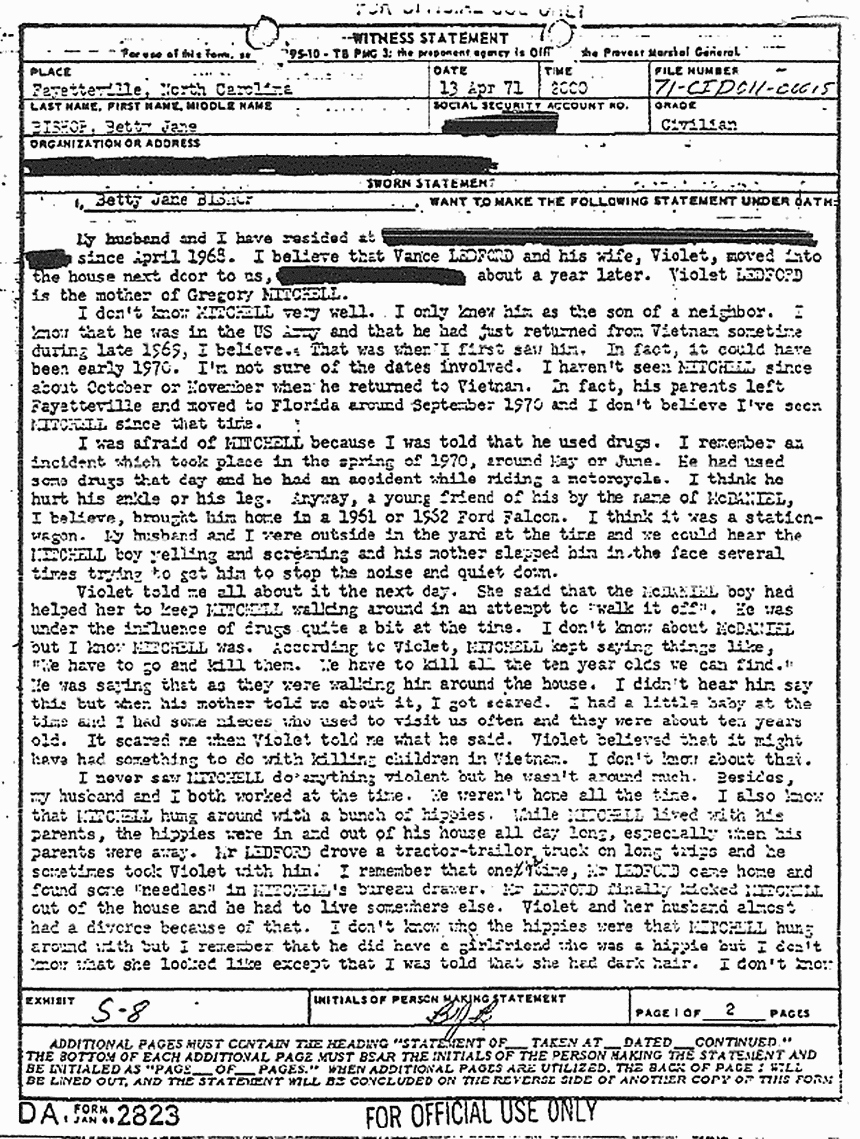 April 13, 1971: Statement of Betty Jane Bishop re: Greg Mitchell, p. 1 of 2
