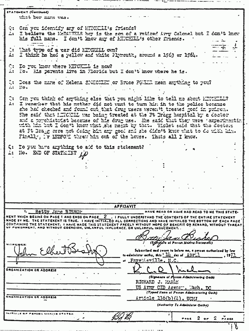 April 13, 1971: Statement of Betty Jane Bishop re: Greg Mitchell, p. 2 of 2