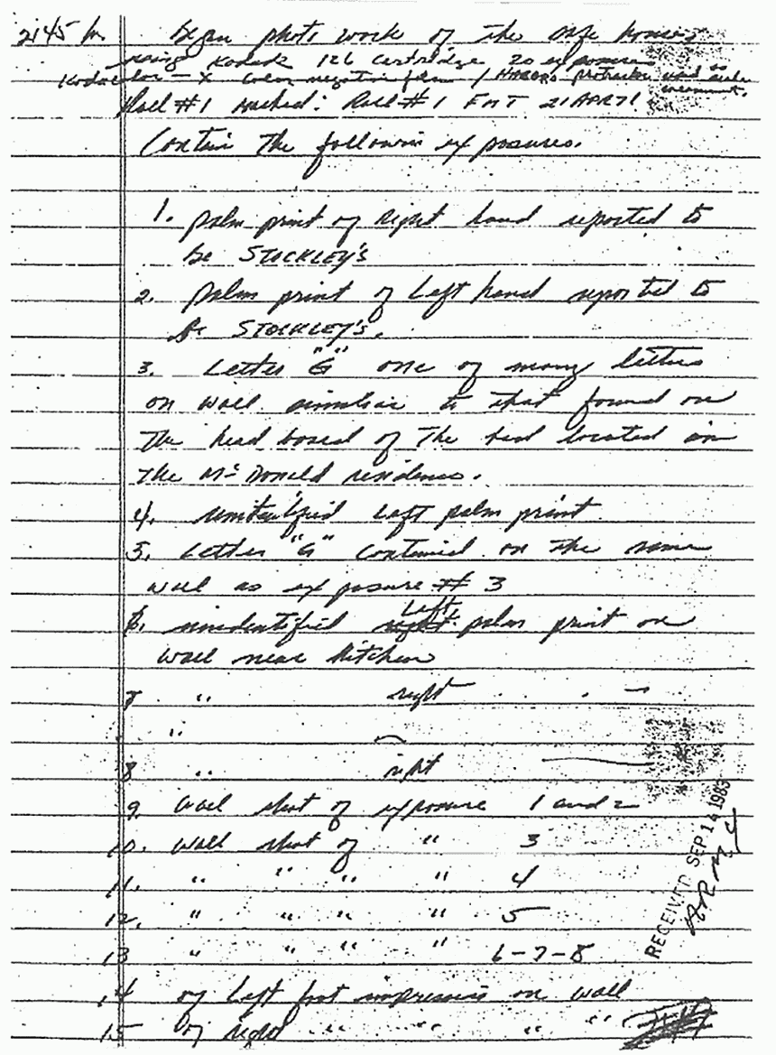 April 21, 1971: Notes re: photographs taken by Frank Toledo (CID) of prints found at 1910 Portland Ave., Nashville, TN (Helena Stoeckley's apartment), p. 2 of 7