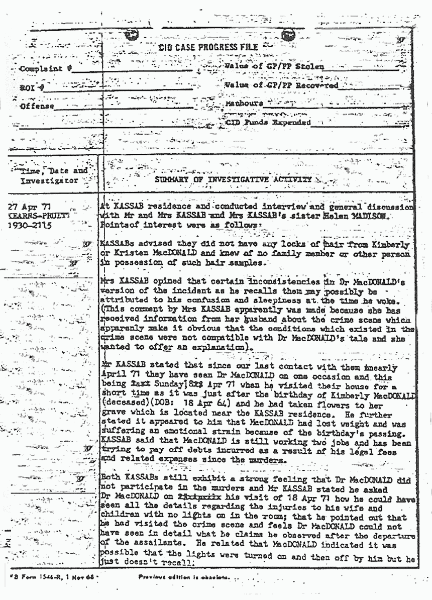 April 27, 1971: Case Progress File re: the Kassabs and Helena Stoeckley, p. 1 of 4