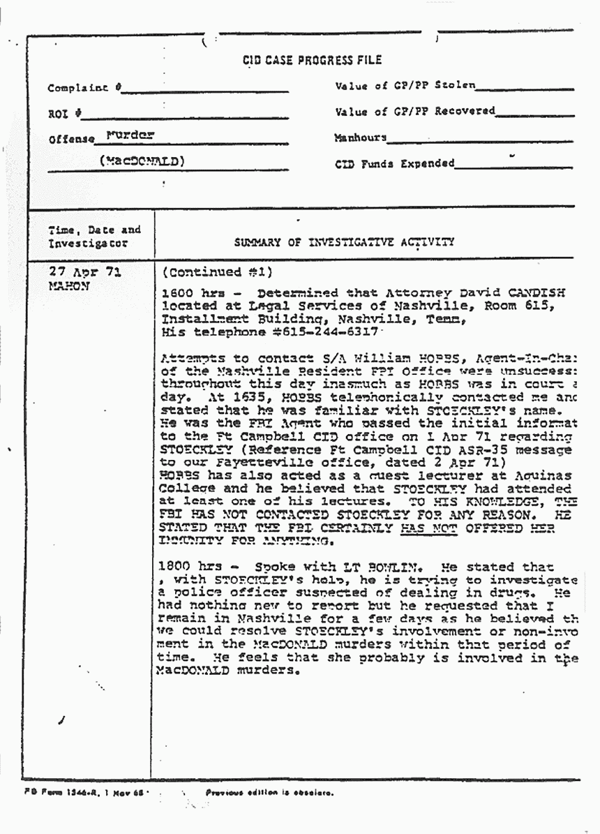 April 27, 1971: Case Progress File re: the Kassabs and Helena Stoeckley, p. 3 of 4