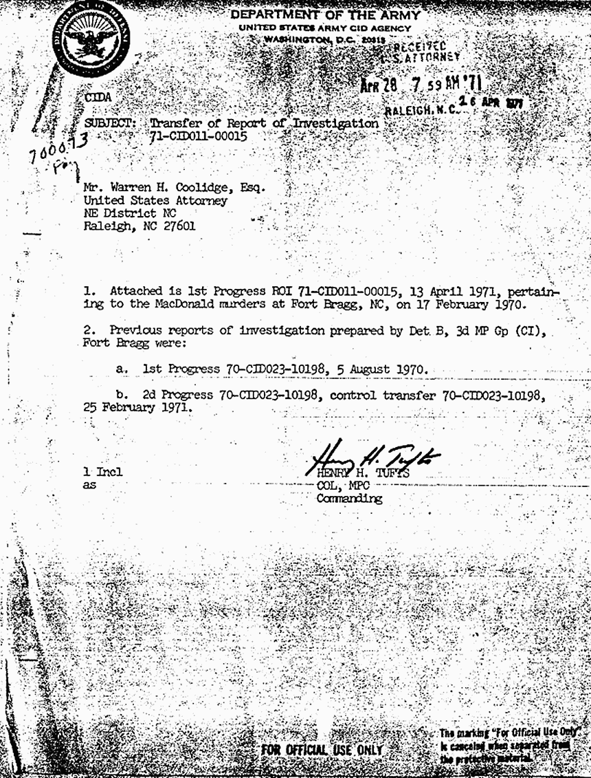 April 28, 1971: Letter from Col. Henry Tufts to U.S. Attorney Warren Coolidge
