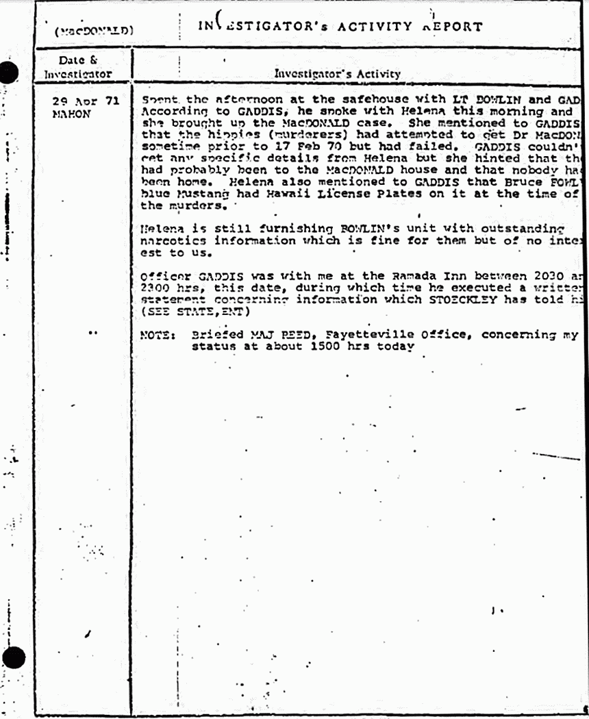 April 29, 1971: Case Progress File re: investigative activity by Richard Mahon