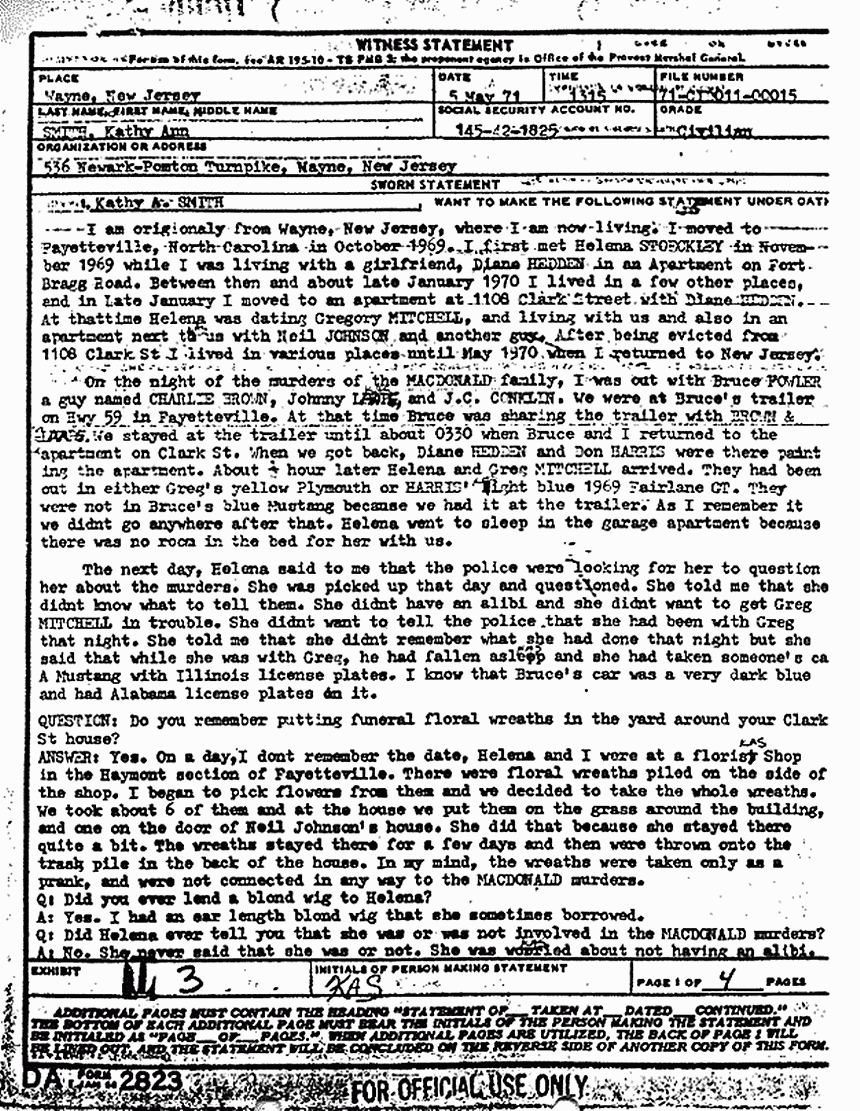 May 5, 1971: Statement of Kathy Smith re: Helena Stoeckley, p. 1 of 4