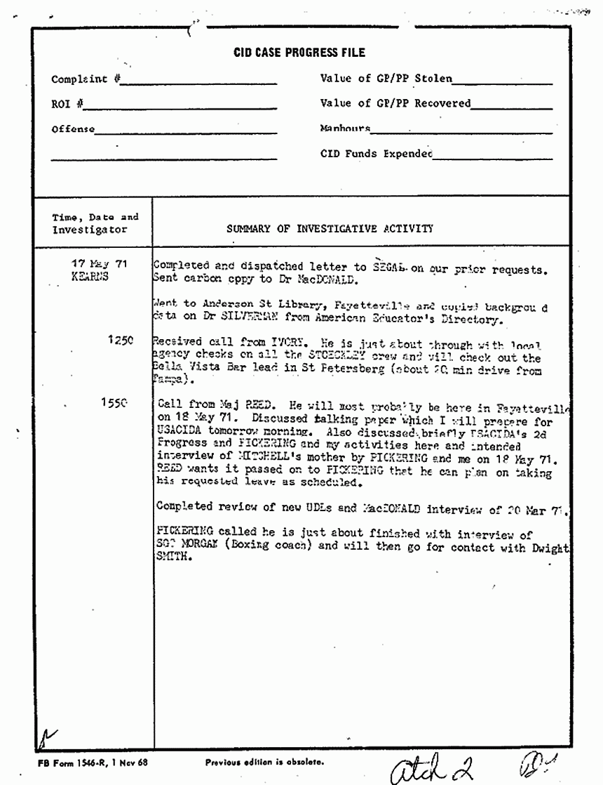May 17, 1971: Case Progress File and documents re: Drs. Brussel and Silverman, p. 1 of 4