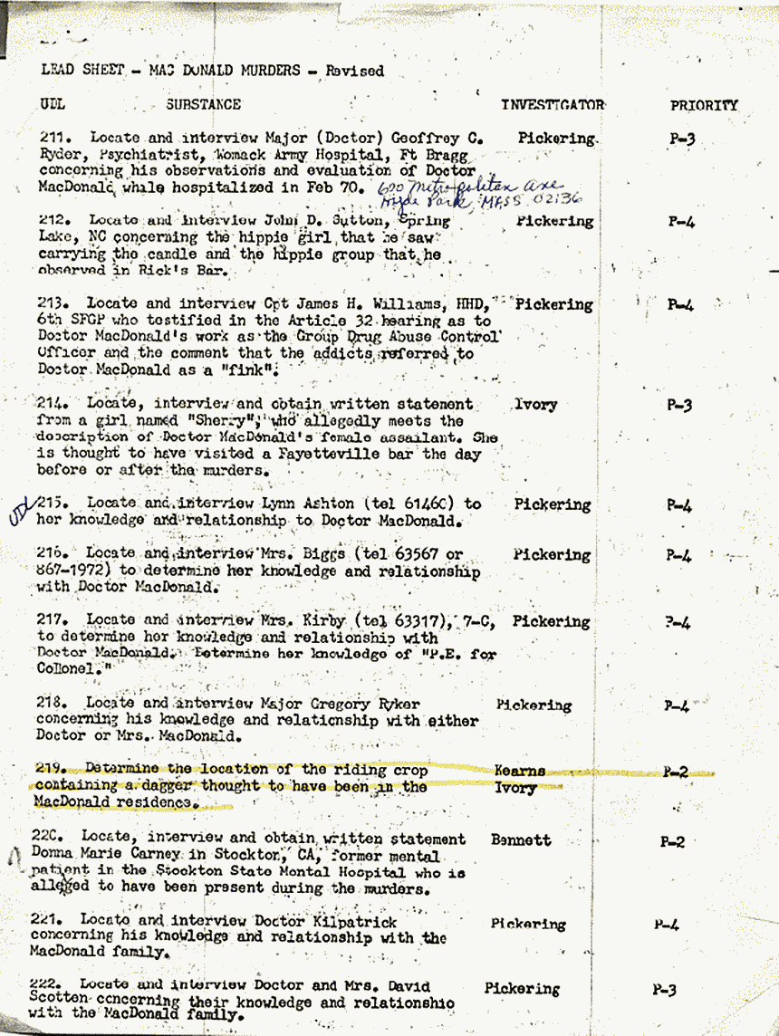 Circa May 25, 1971: CID Investigation Revised Lead Sheet excerpt
