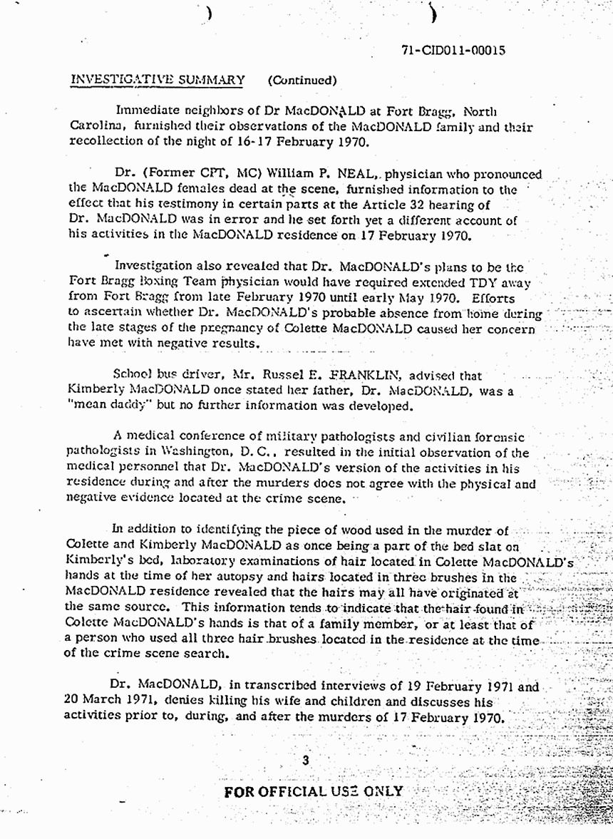 Circa May 25, 1971: CID Investigation Report excerpt: April 13, 1971 - May 25, 1971, p. 1 of 4