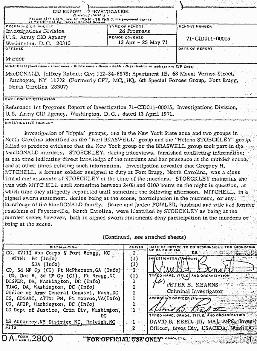 Circa May 25, 1971: Case Progress File: 2nd Progress Report, covering the period April 13 - May 25, 1971, p. 1 of 2
