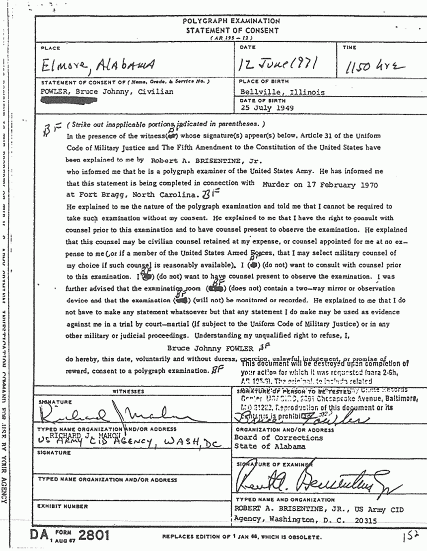 June 1971: Documents re: June 12, 1971 polygraph examination of Bruce Fowler, p. 4 of 7