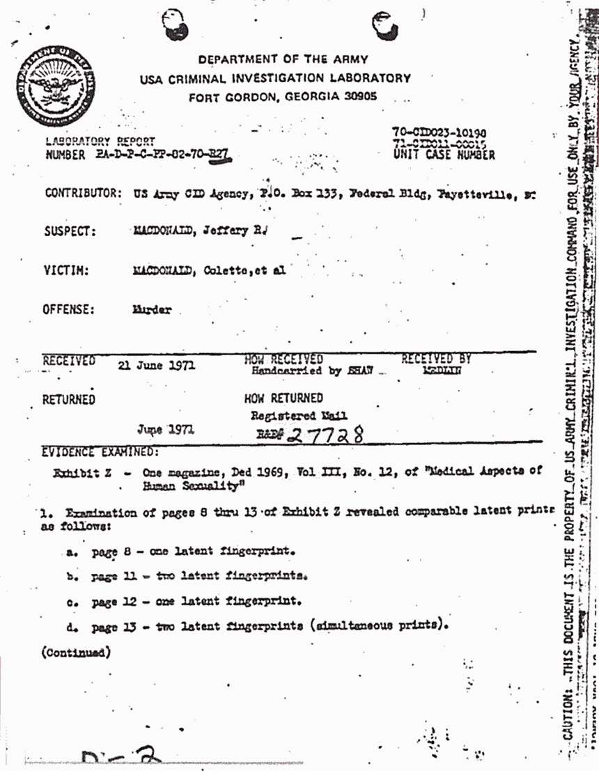June 1971: USACIL Report FA-D-P-C-FP-82-70-R27, p. 1 of 2