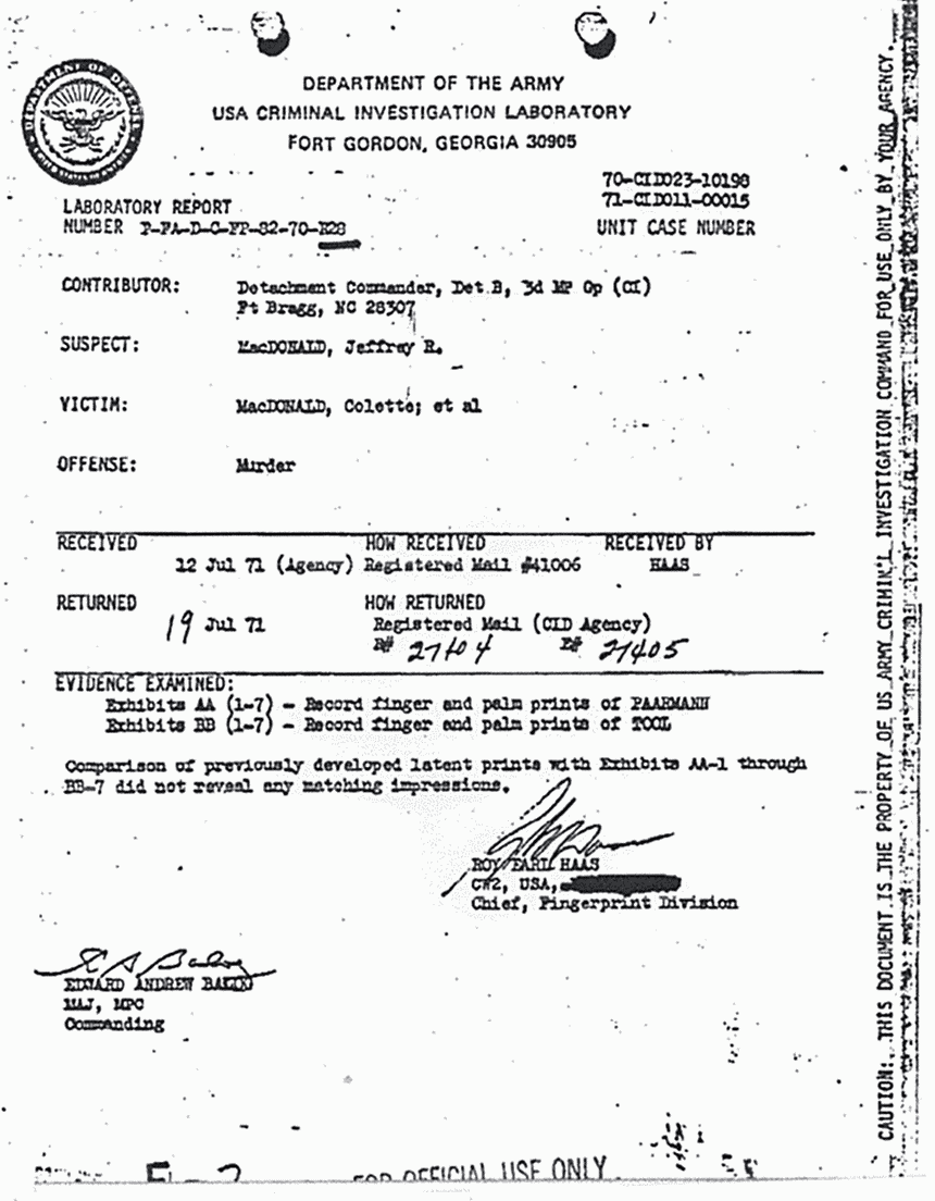 July 19, 1971: USACIL Report P-FA-D-C-FP-82-70-R28