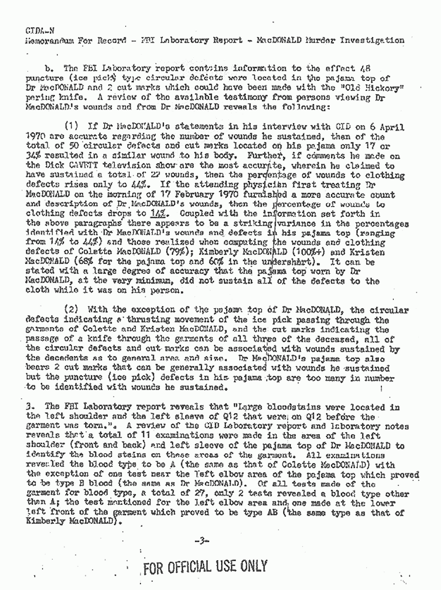 August 18, 1971: Letter from Peter Kearns to USACIDA Chief, Investigations Division re: Clothing of Colette, Kimberley, Kristen and Jeffrey MacDonald , p. 3 of 6