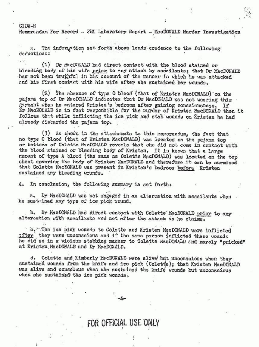 August 18, 1971: Letter from Peter Kearns to USACIDA Chief, Investigations Division re: Clothing of Colette, Kimberley, Kristen and Jeffrey MacDonald , p. 4 of 6