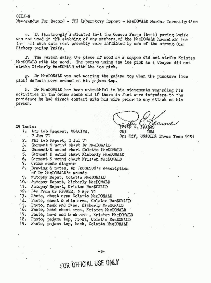 August 18, 1971: Letter from Peter Kearns to USACIDA Chief, Investigations Division re: Clothing of Colette, Kimberley, Kristen and Jeffrey MacDonald , p. 5 of 6
