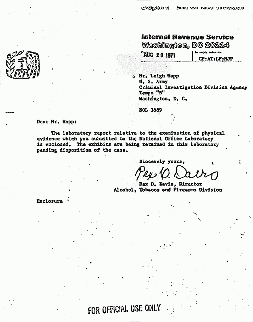 August 20, 1971: ATF results re: testing of rubber gloves and fragments, p. 1 of 3