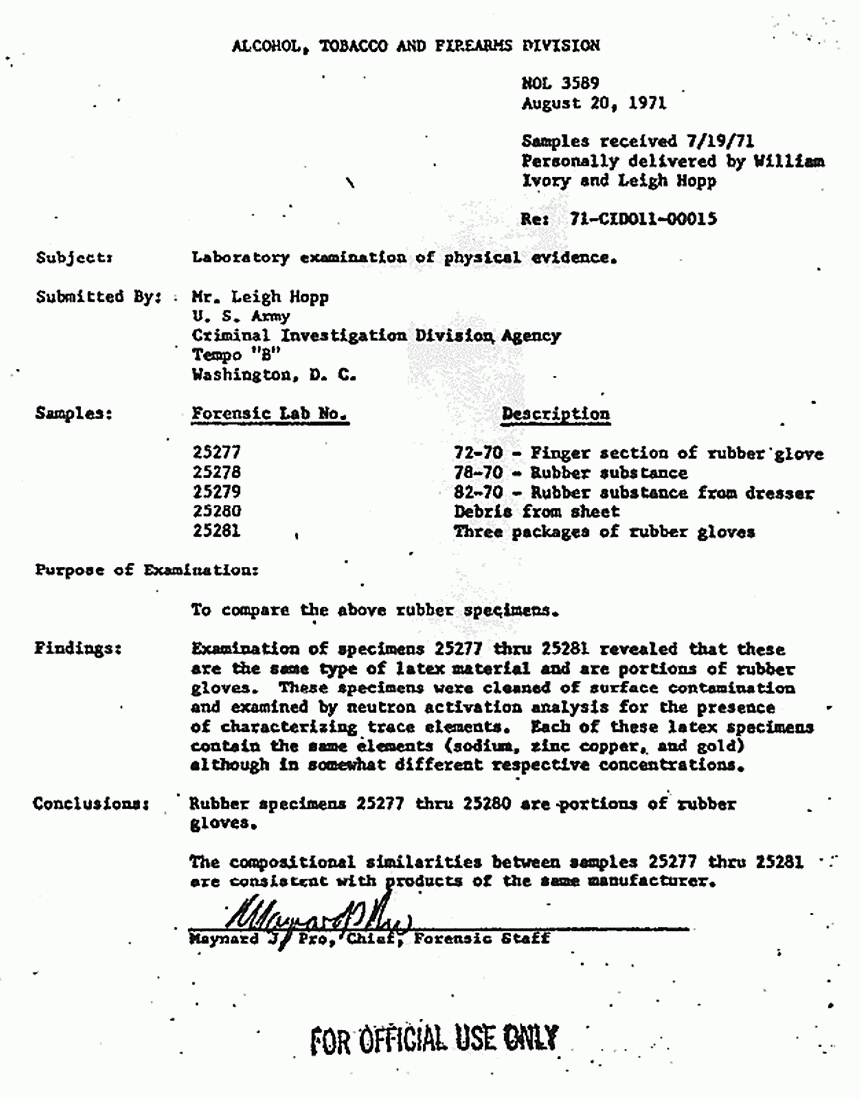 August 20, 1971: ATF results re: testing of rubber gloves and fragments, p. 2 of 3