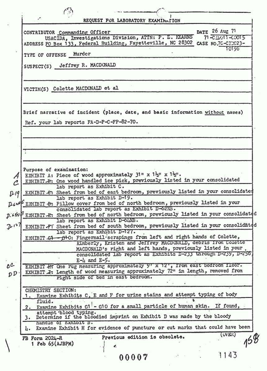 August 26, 1971: Request for Laboratory Examination, p. 1 of 2