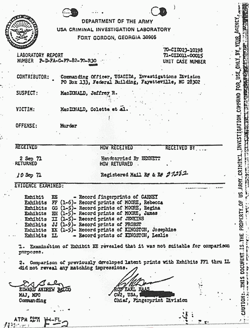 September 10, 1971: USACIL Report P-FA-D-C-FP-82-70-R30