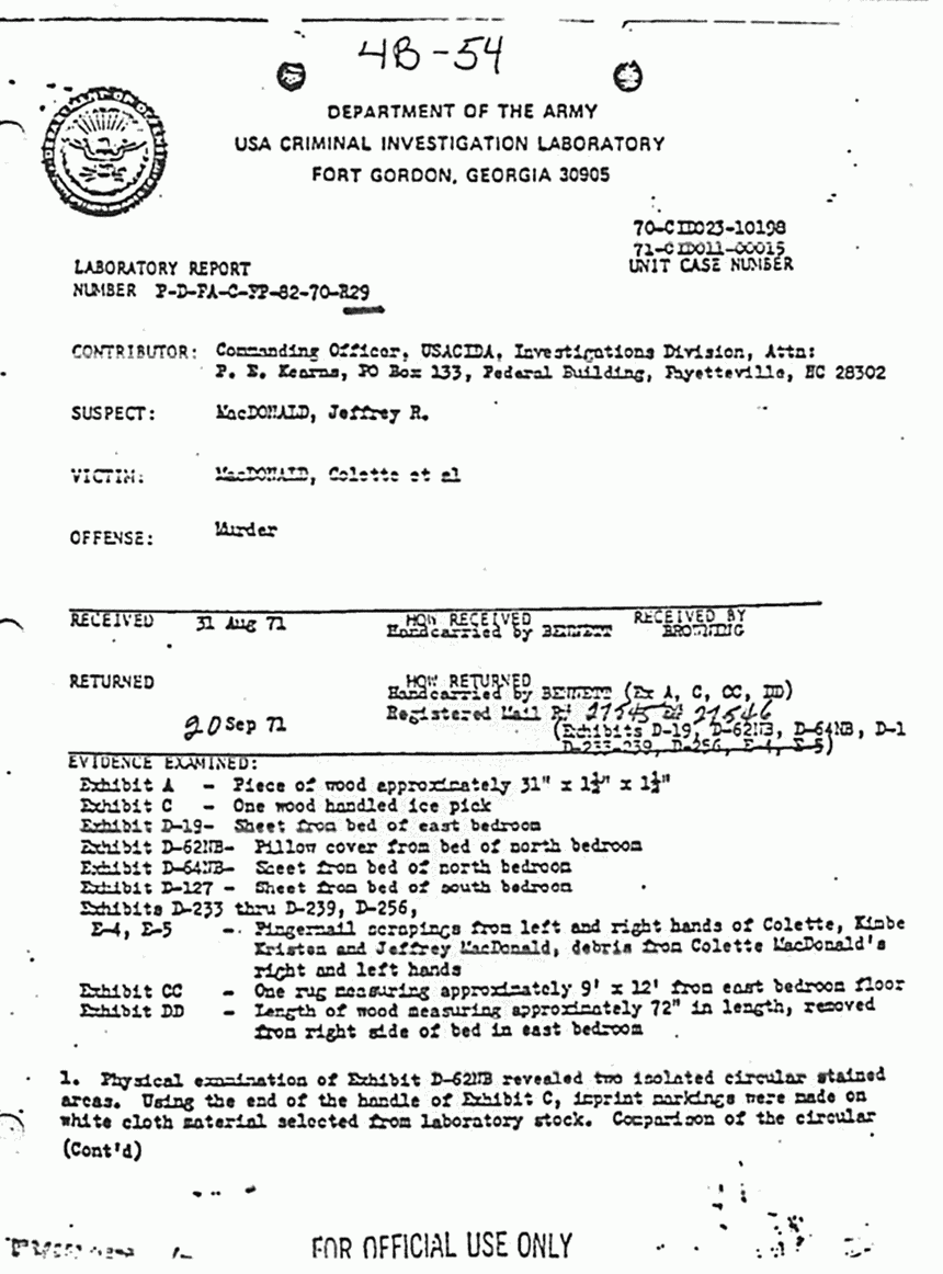 September 20, 1971: USACIL Report P-D-FA-C-FP-82-70-R29, p. 1 of 3