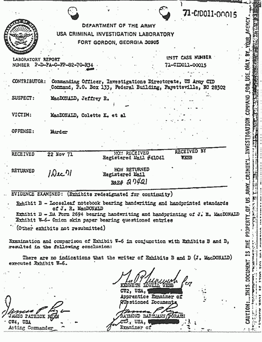 December 1, 1971: USACIL Report P-D-FA-C-FP-82-70-R34