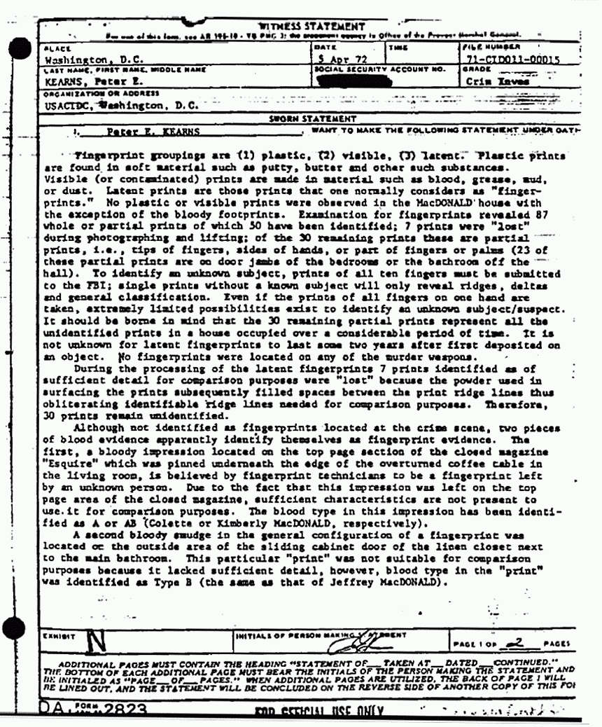 April 5, 1972: Statement of Peter Kearns re: fingerprints, p. 1 of 2