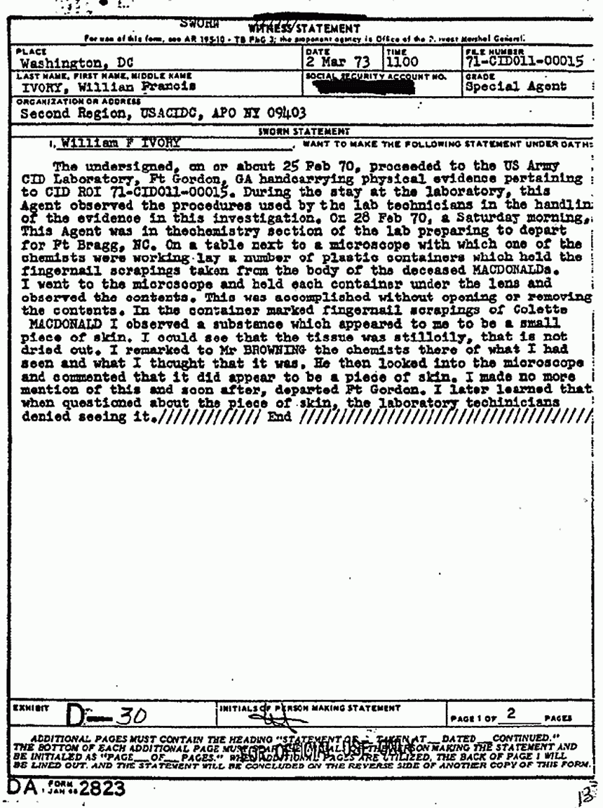 March 2, 1973: Statement of William Ivory re: his lab observations ca. Feb. 25, 1970, p. 1 of 2
