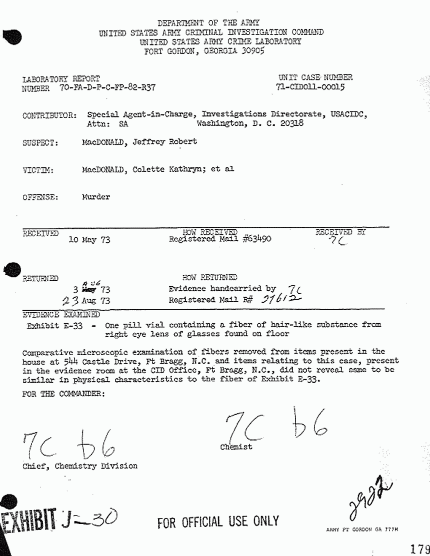 August 23, 1973: USACIL Report 70-FA-D-P-C-FP-82-R37, re: evidence returned Aug. 3 and Aug. 23, 1973