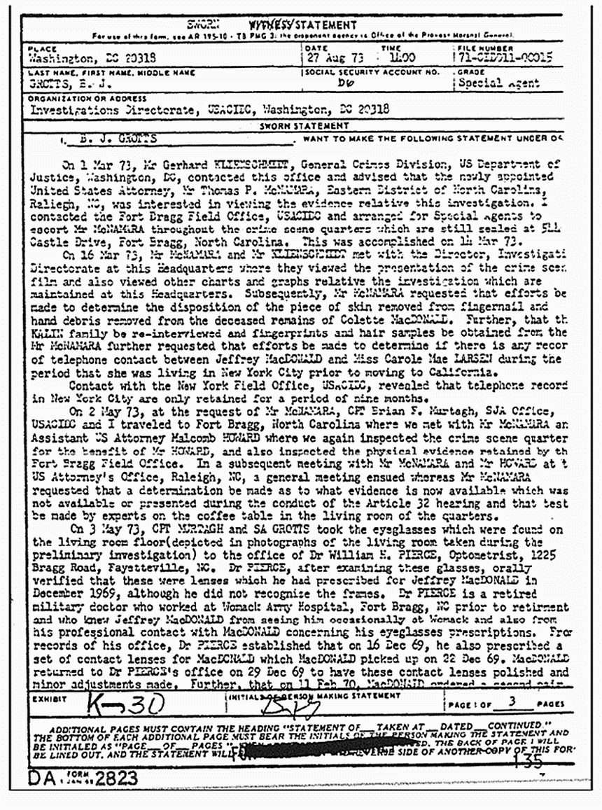 August 27, 1973: Statement of B. J. Grotts (CID), p. 1 of 3