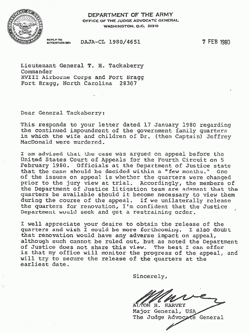 February 7, 1980: Letter from Major General Harvey (JAG) to Lt. General Tackaberry re: release of 544 Castle Dr.