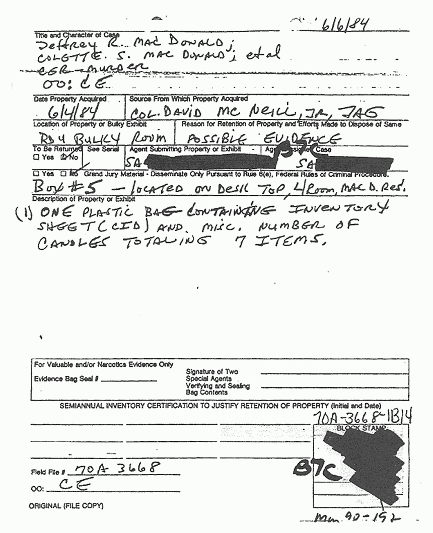 June 6, 1984: CID and FBI inventory of items removed from 544 Castle Dr. on June 4, 1984, p. 1 of 3
