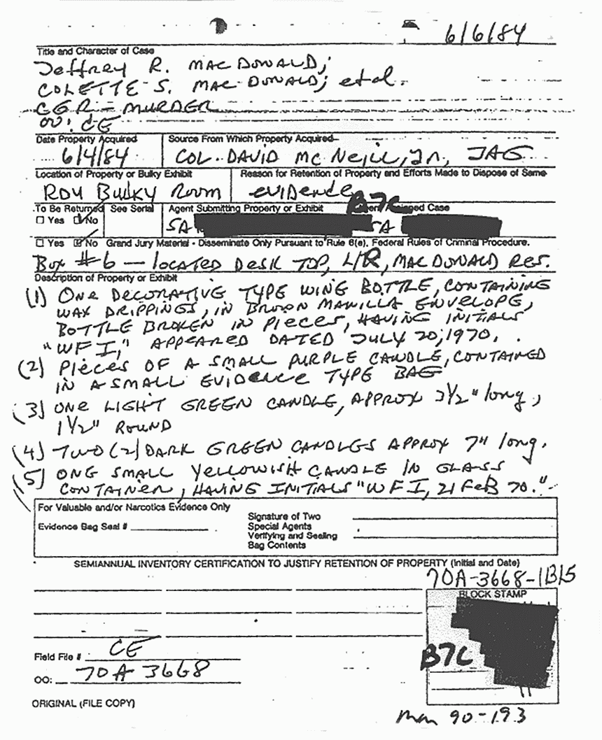 June 6, 1984: CID and FBI inventory of items removed from 544 Castle Dr. on June 4, 1984, p. 2 of 3