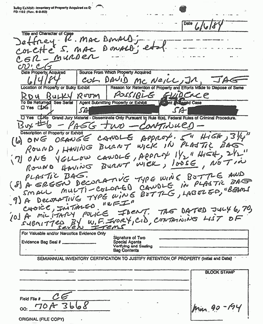 June 6, 1984: CID and FBI inventory of items removed from 544 Castle Dr. on June 4, 1984, p. 3 of 3