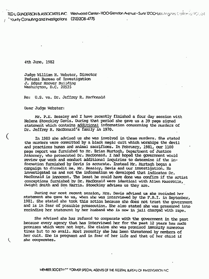 June 4, 1982: Letter from Ted Gunderson to Judge William Webster (Director, FBI) re: Request for immunity for Helena Stoeckley, p. 1 of 2