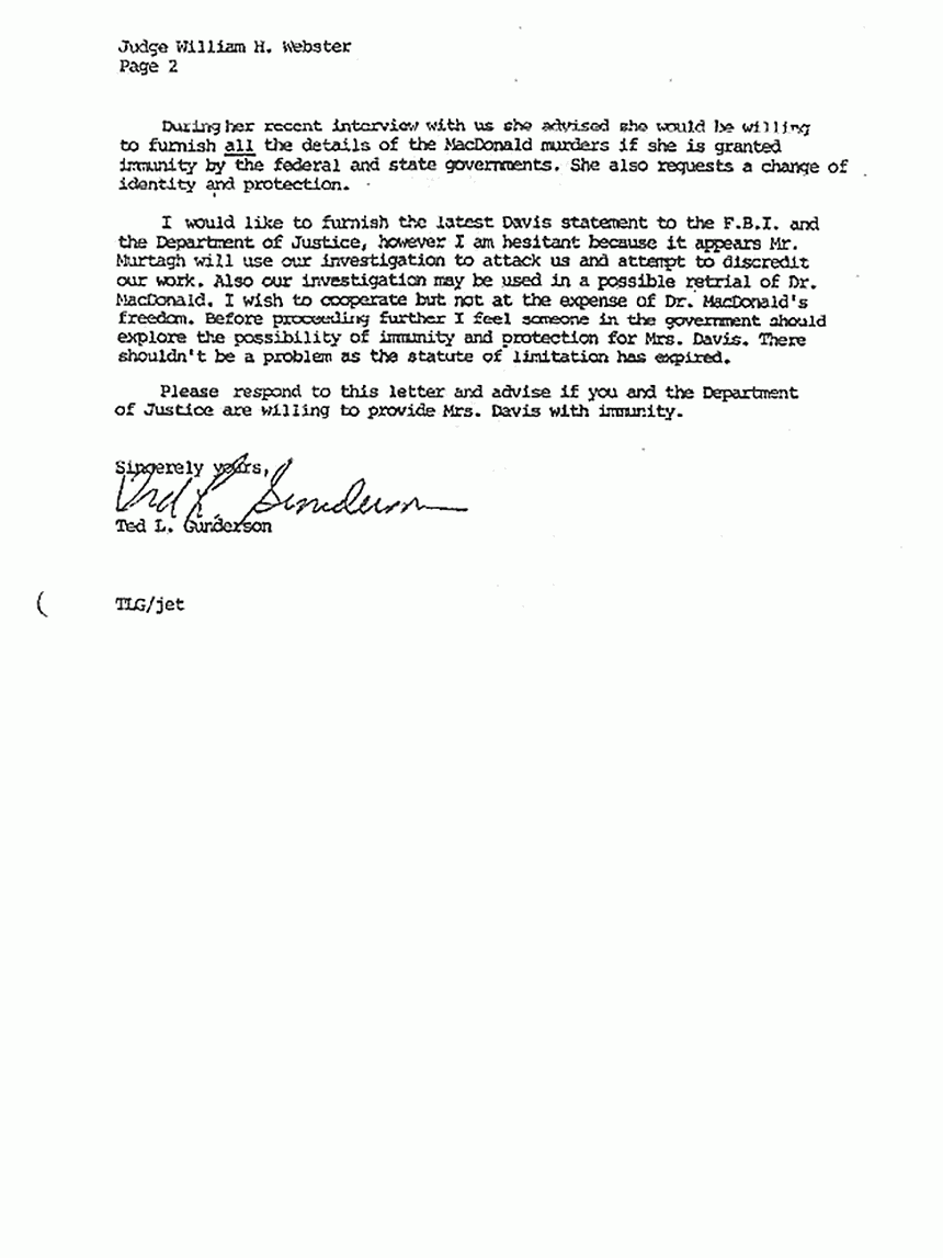 June 4, 1982: Letter from Ted Gunderson to Judge William Webster (Director, FBI) re: Request for immunity for Helena Stoeckley, p. 2 of 2