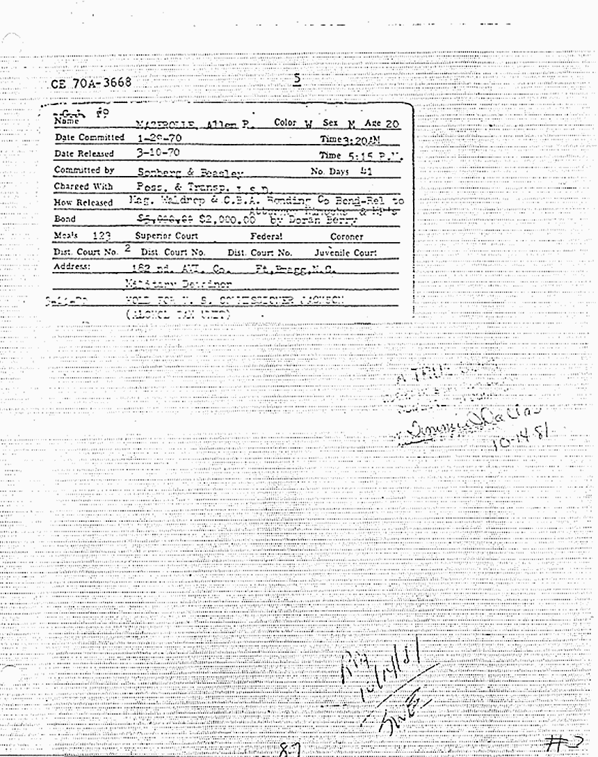 January 29, 1970: Arrest card for Allen Mazerolle