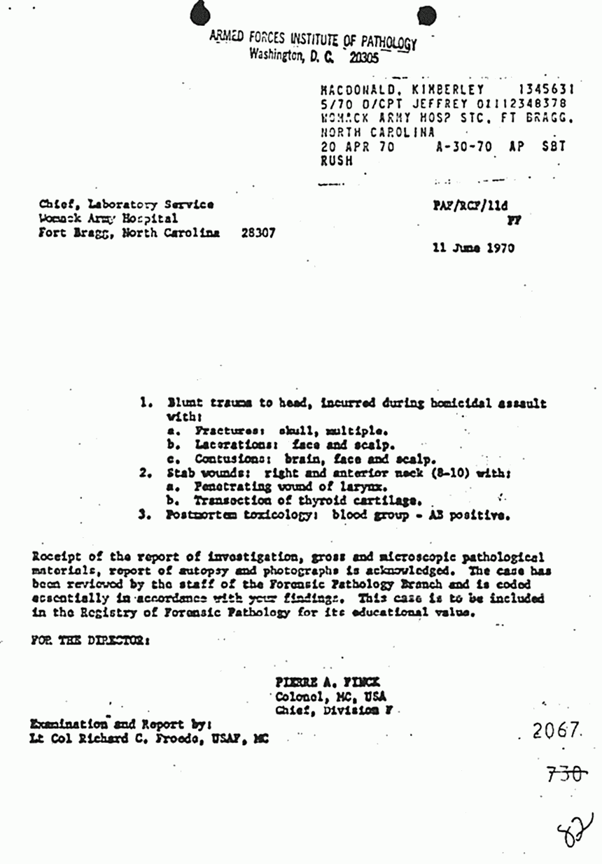 June 11, 1970: Armed Forces Institute Of Pathology review of Kimberley MacDonald's autopsy report