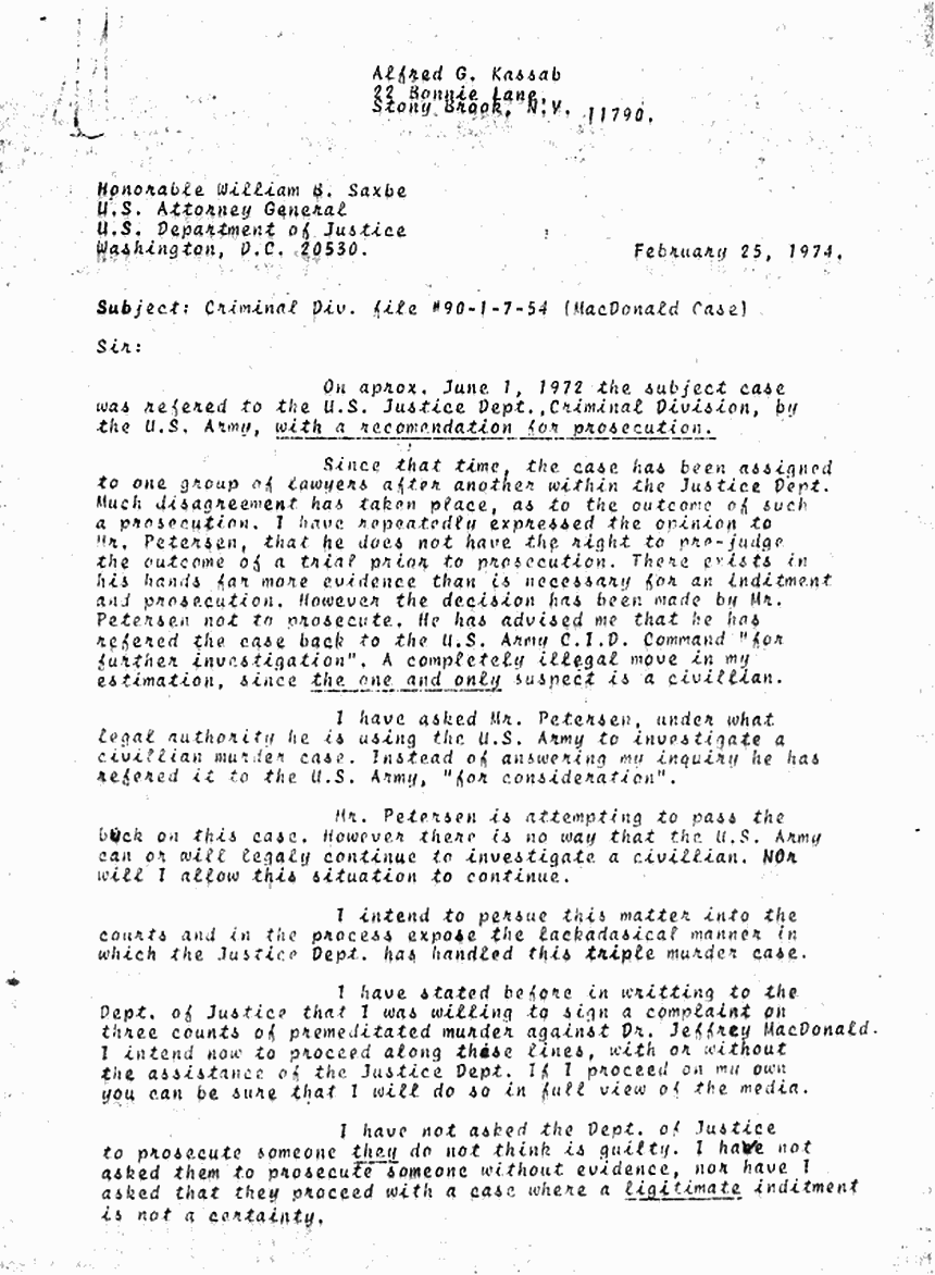 February 25, 1974: Letter from Alfred Kassab to U. S. Attorney General William Saxbe, p. 1 of 3