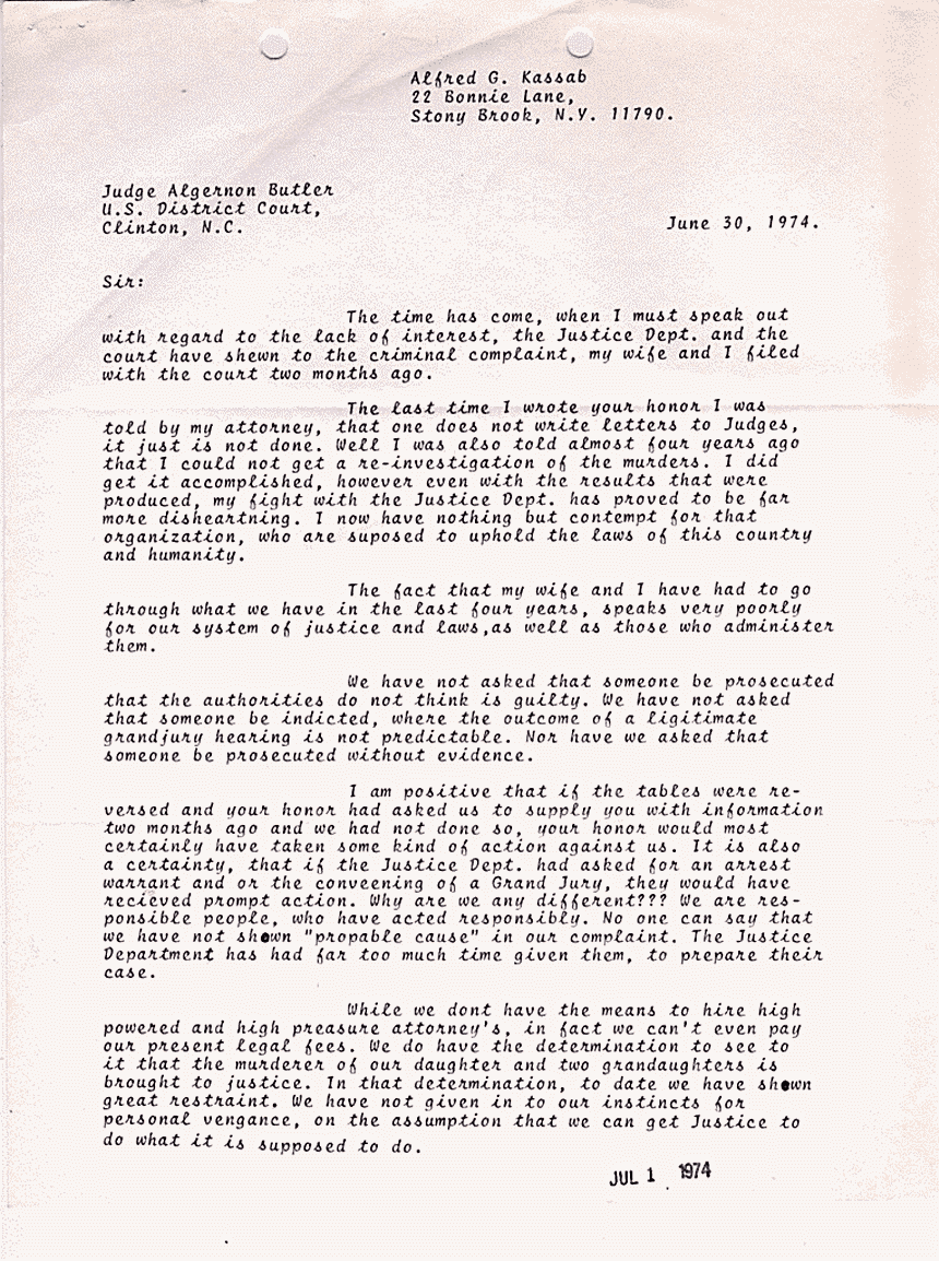 June 30, 1974: Letter from Alfred Kassab to U.S. District Court Judge Algernon Butler, p. 1 of 2
