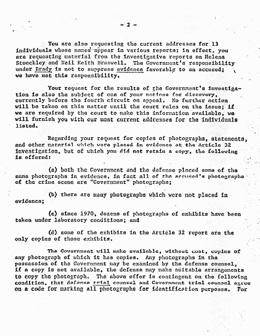 October 16, 1975: Letter from Brian Murtagh to Bernard Segal re: Helena Stoeckley, Neil Keith Braswell, and defense requests for investigative information, p. 2 of 3