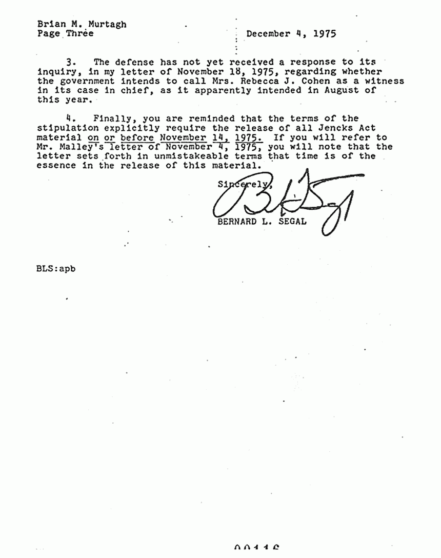 December 4, 1975: Letter to Briam Murtagh from Bernard Segal re: Jencks Act materials, p. 3 of 3