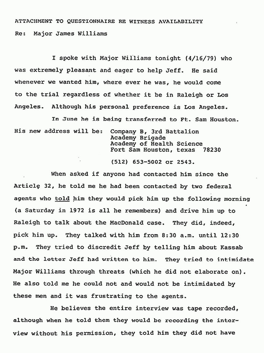 April 16, 1979: Memo from Defense Litigation Assistant Frances Fine re: Conversation with Major James Williams, p. 1 of 2