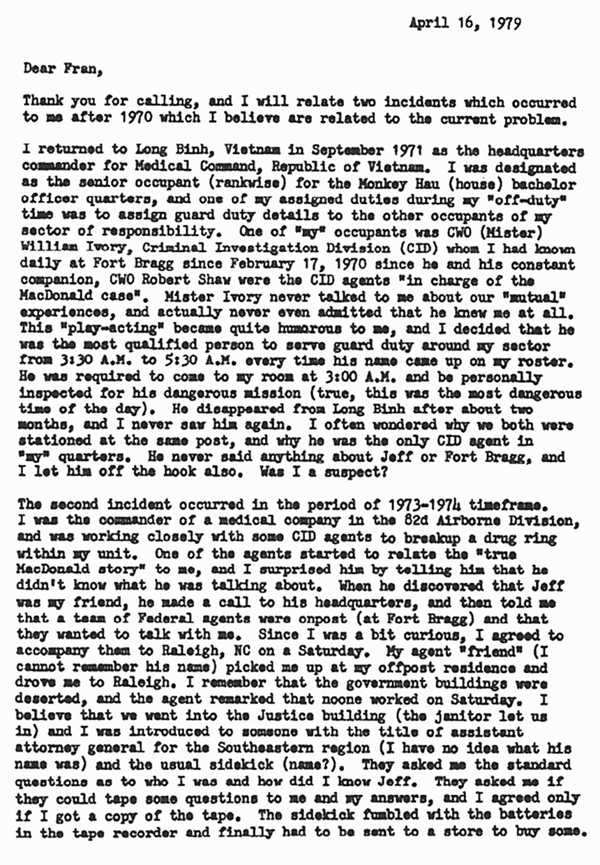 April 16, 1979: Letter from Major James Williams to Frances Fine, defense Litigation Assistant, p. 1 of 2