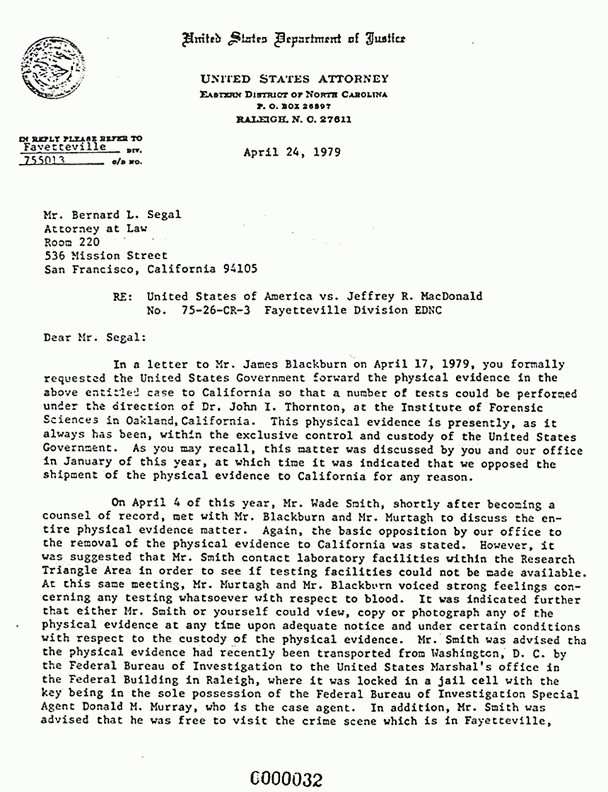 April 24, 1979: Letter from Dept. of Justice to Bernard Segal re: Defense request to forward physical evidence to California, p. 1 of 7