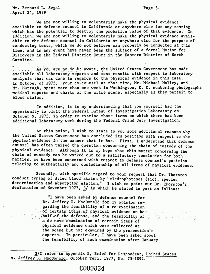 April 24, 1979: Letter from Dept. of Justice to Bernard Segal re: Defense request to forward physical evidence to California, p. 3 of 7