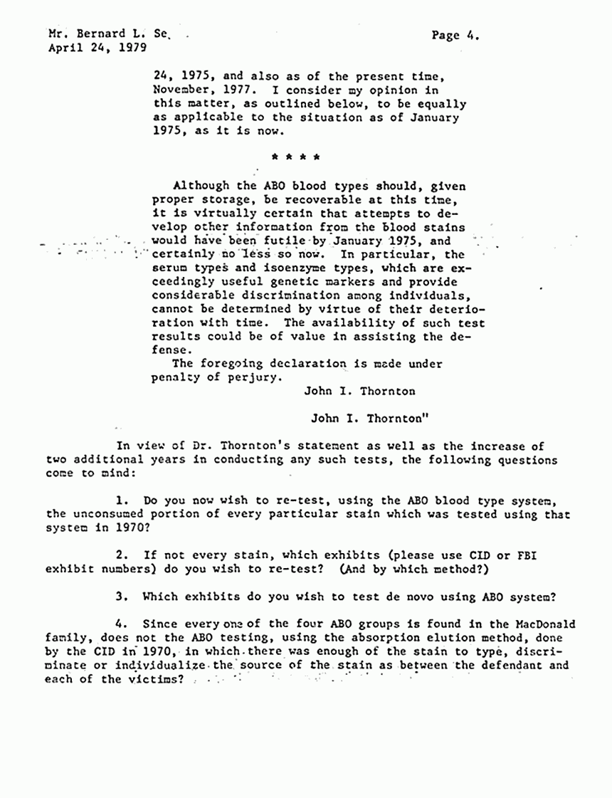 April 24, 1979: Letter from Dept. of Justice to Bernard Segal re: Defense request to forward physical evidence to California, p. 4 of 7