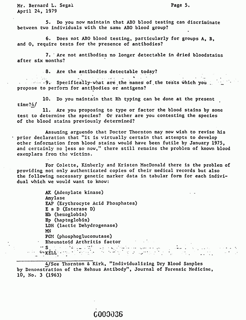 April 24, 1979: Letter from Dept. of Justice to Bernard Segal re: Defense request to forward physical evidence to California, p. 5 of 7