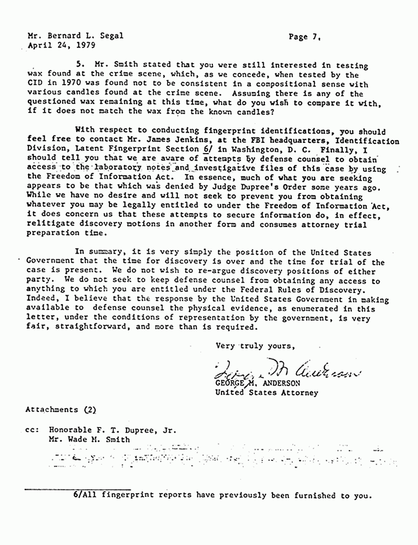 April 24, 1979: Letter from Dept. of Justice to Bernard Segal re: Defense request to forward physical evidence to California, p. 7 of 7