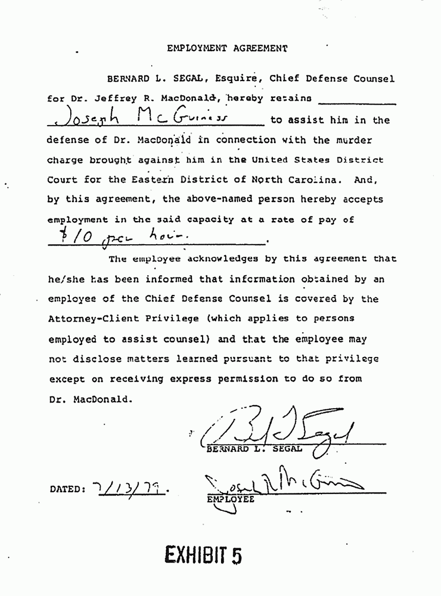July 13, 1979: Employment Agreement between Bernard Segal and Joe McGinniss