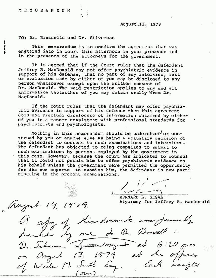 August 13, 1979: Memo from Bernard Segal to Drs. Brusel and Silverman re: Psychiatric evidence, p. 1 of 2
