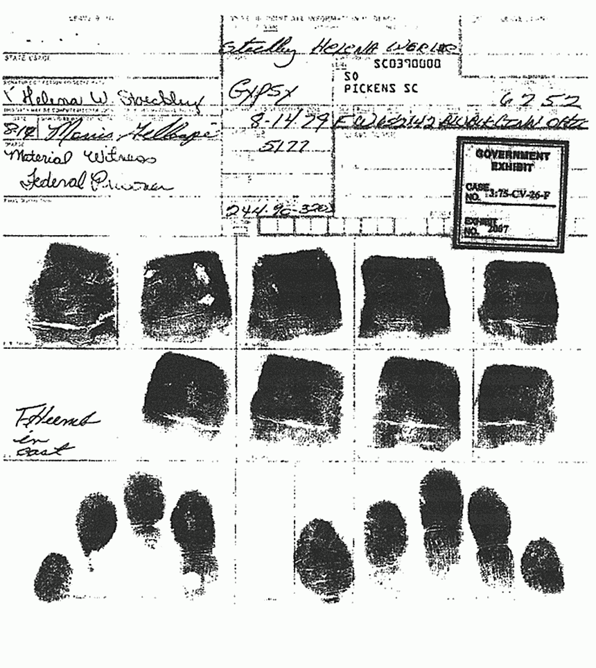 August 14, 1979: Pickens County Jail Fingerprint Card for Helena Stoeckley
